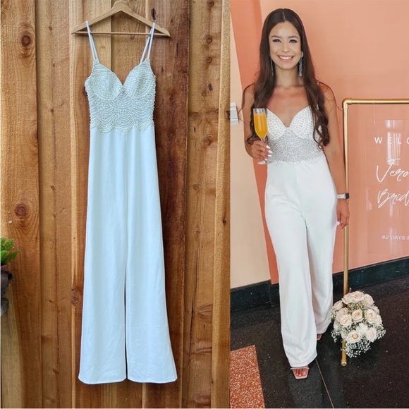 White Pearl Sequin Bustier Mermaid Sleeveless Jumpsuit 🌿 - Picture 7 of 12